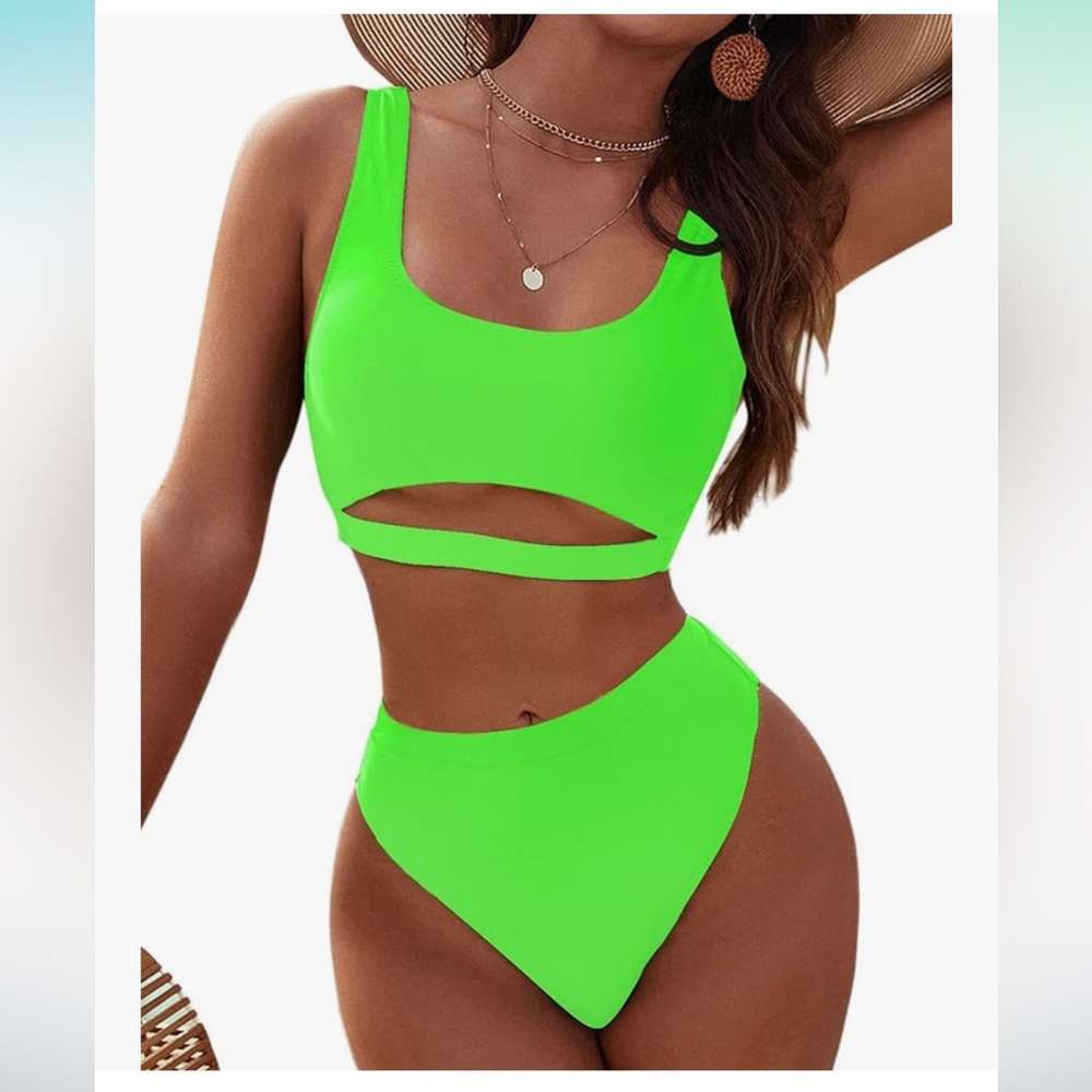 Blooming Jelly High Waisted Bikini Set High Cut with Cutout In Neon Green Size L - Picture 1 of 5